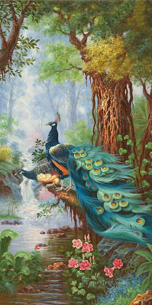 Peacocks in Blossom Forest Floral Trees birds Oil Paintings